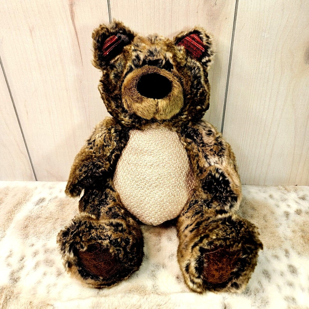Pier 1 Imports Teddy Bear Stuffed Plush 17" Brown Realistic Faux Fur Plaid Ears